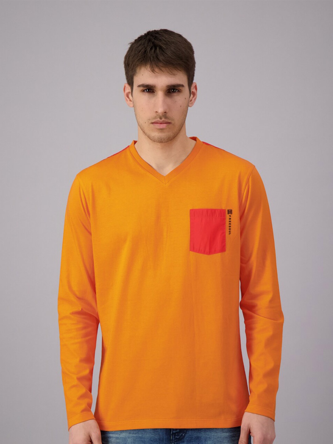 

FREESOUL Men Orange V-Neck Cotton T-shirt