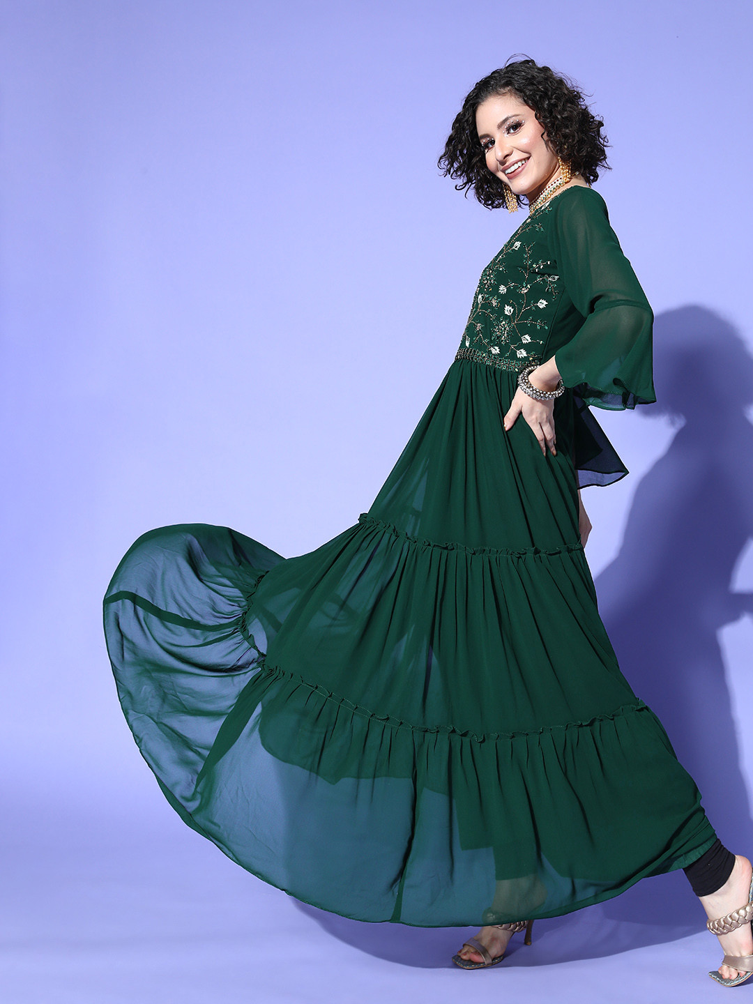 

ZOLA Women Green Georgette Swirling Volume Kurta