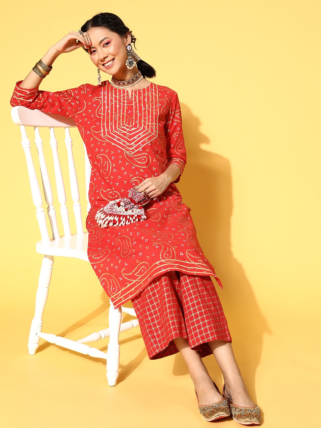 

Blissta Women Orange Cotton Print Parade Kurta