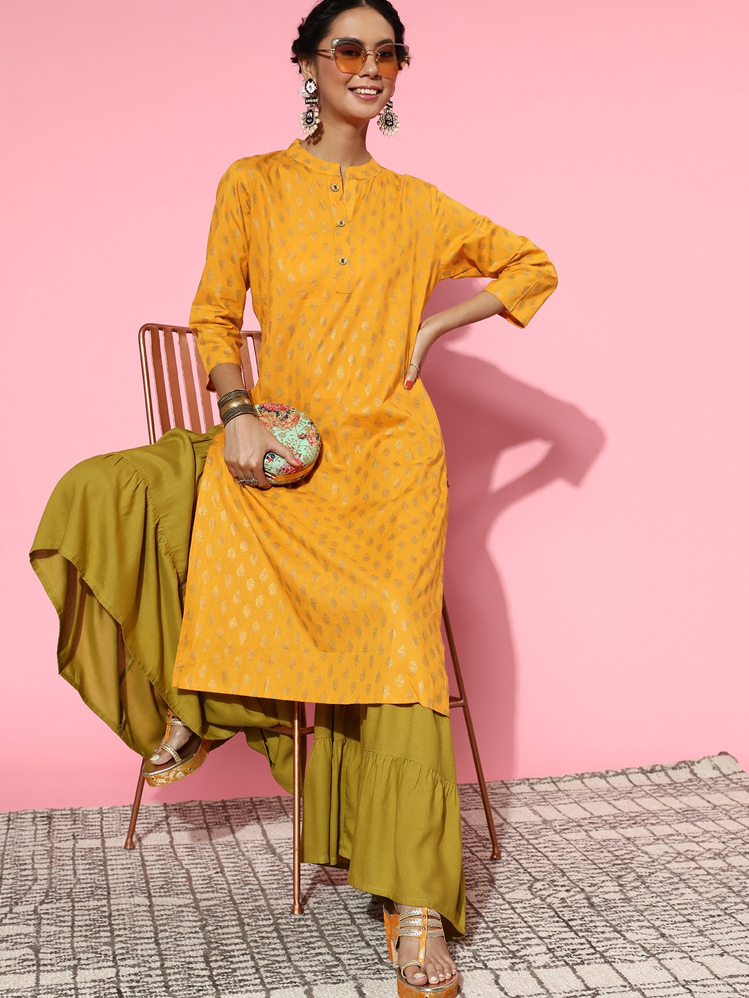 

Blissta Women Mustard Cotton Print Parade Kurta