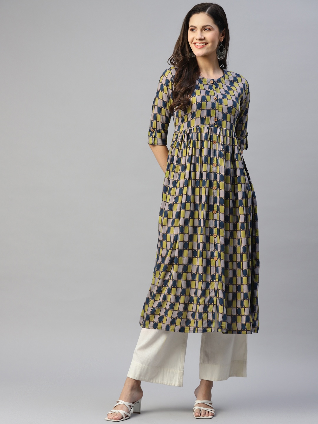 

MALHAAR Women Green & Navy Blue Ethnic Motifs Printed Anarkali Kurta