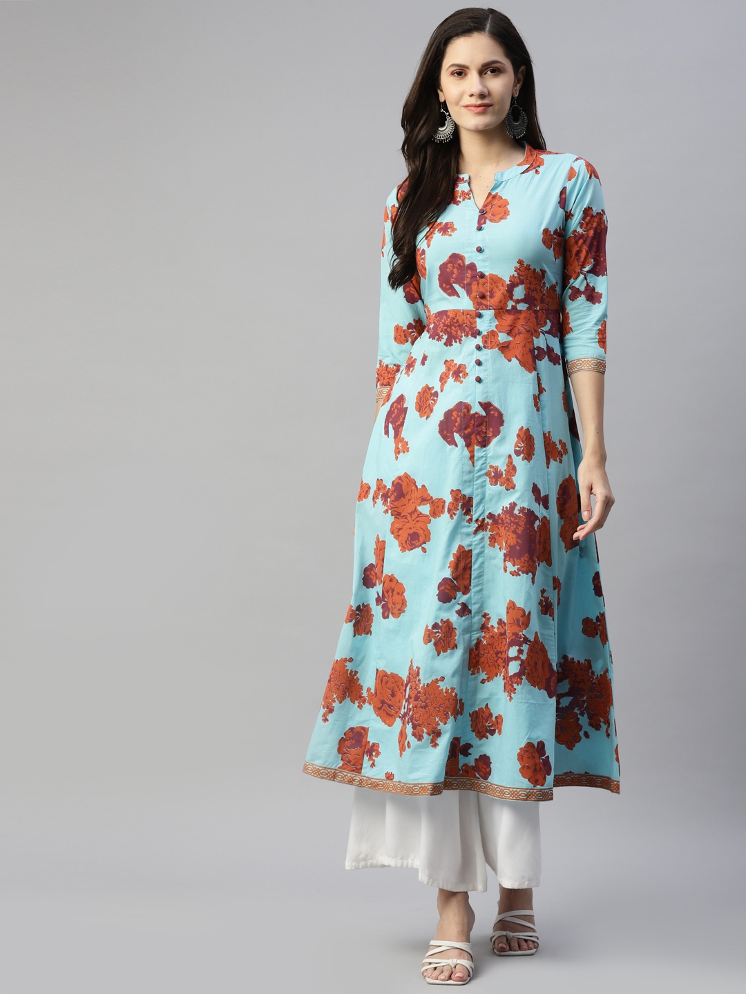 

MALHAAR Women Turquoise Blue & Red Floral Printed Cotton Anarkali Kurta
