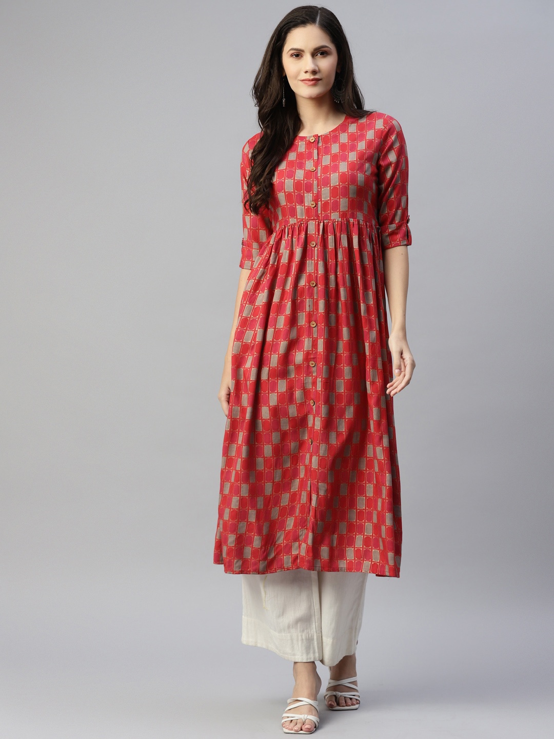 

MALHAAR Women Red & Grey Ethnic Motifs Printed Anarkali Kurta