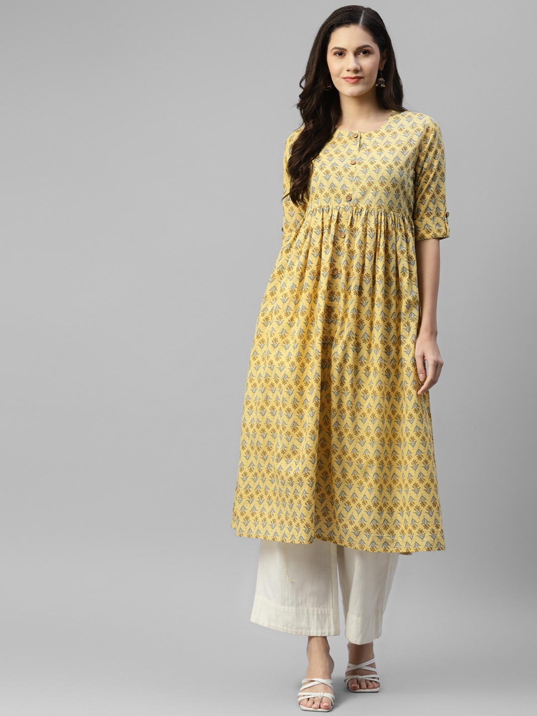 

MALHAAR Women Yellow & Grey Ethnic Motifs Printed Cotton Anarkali Kurta