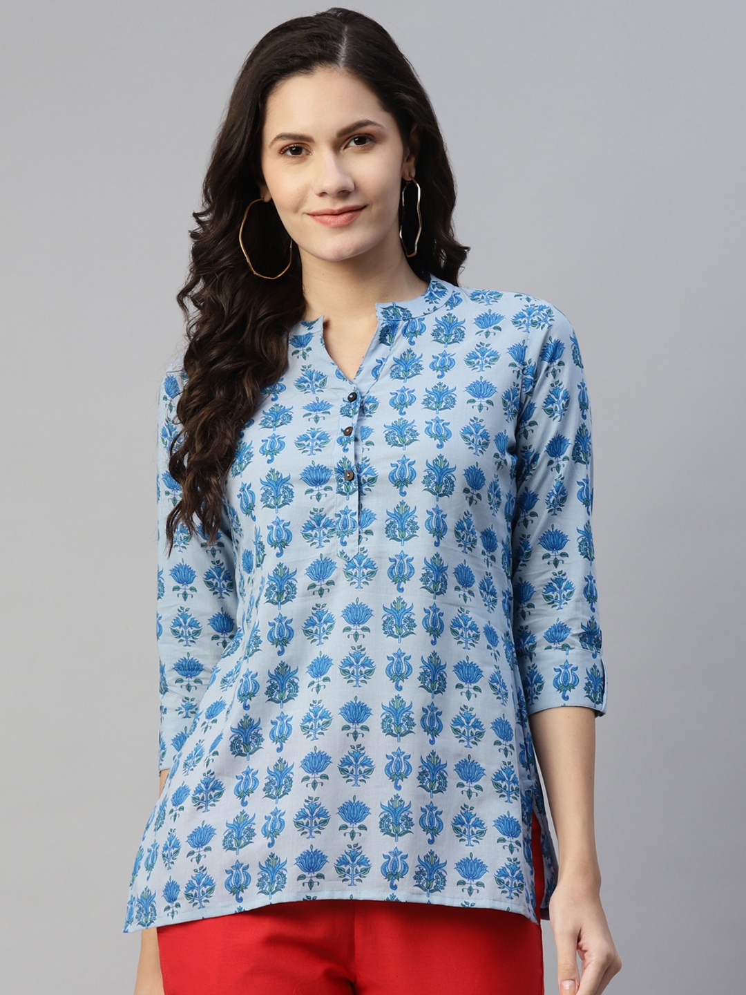 

MALHAAR Blue Ethnic Motifs Printed Pure Cotton Kurti
