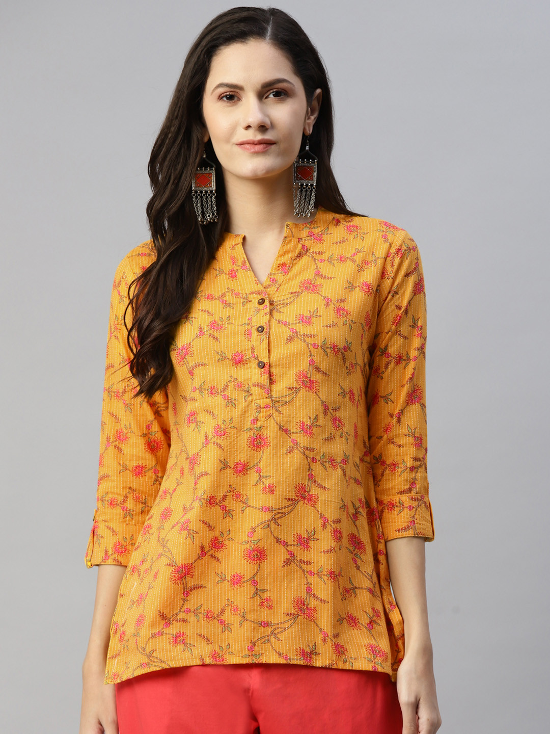 

MALHAAR Yellow & Red Floral Printed Pure Cotton Anarkali Kurti