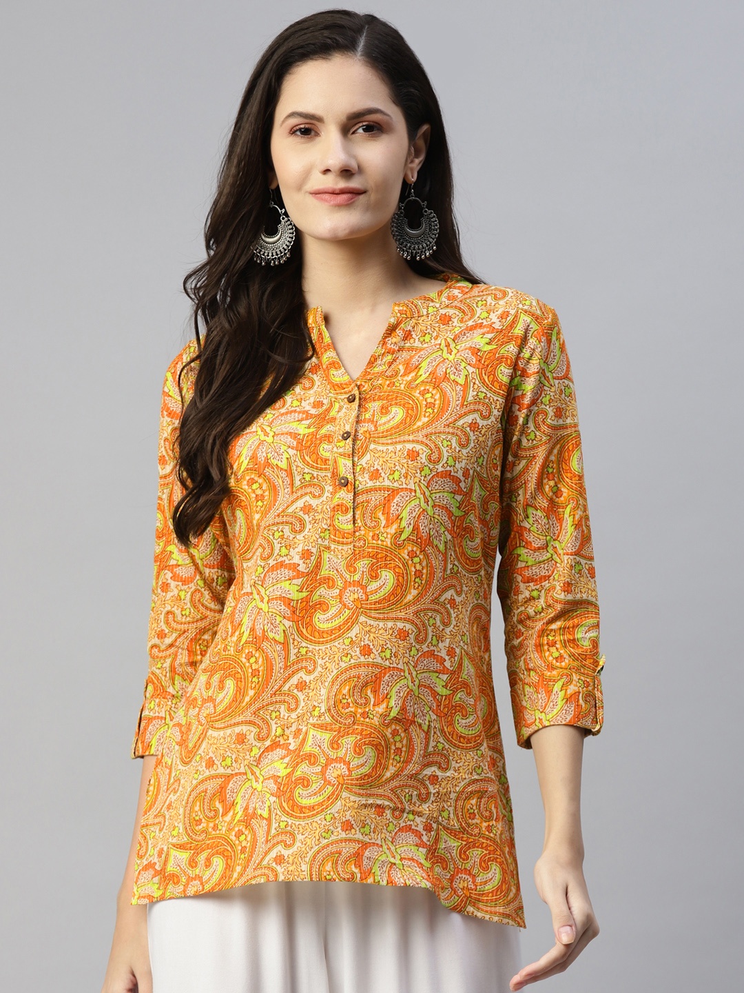 

MALHAAR Mustard Yellow & Red Ethnic Motifs Printed Pure Cotton Kurti