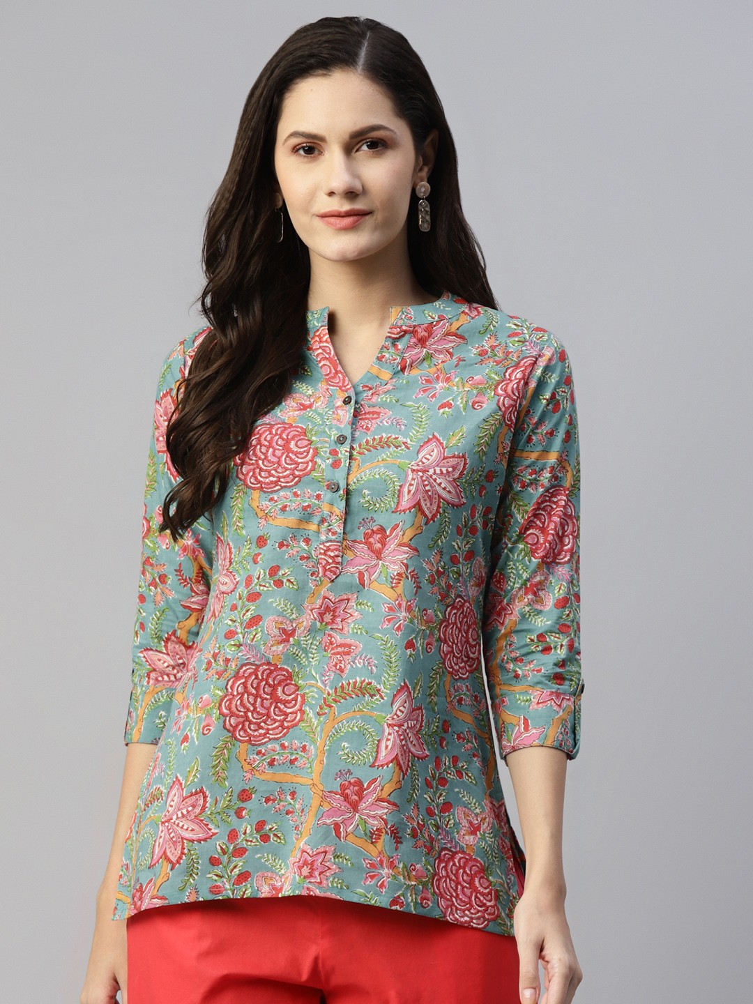 

MALHAAR Sea Green & Pink Ethnic Motifs Printed Pure Cotton Kurti