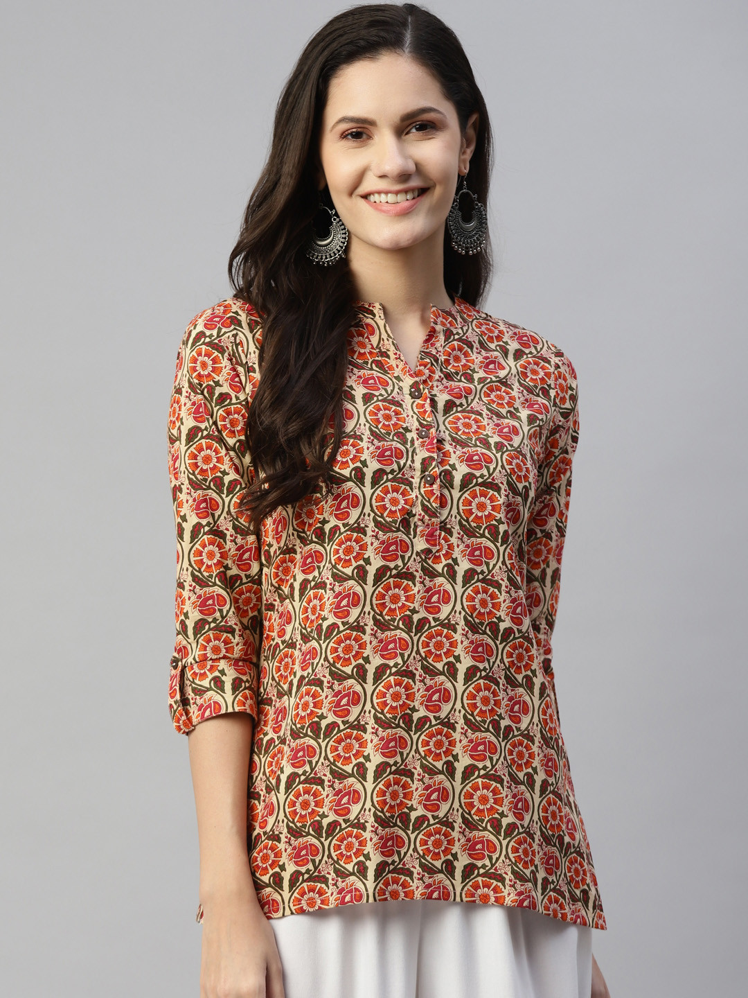 

MALHAAR Orange & Beige Ethnic Motifs Printed Pure Cotton Kurti