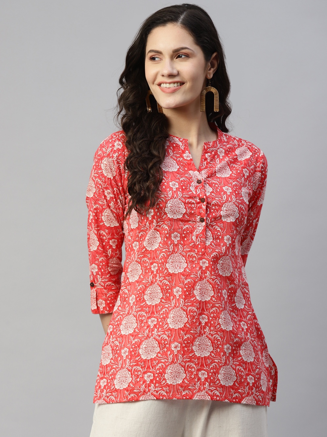 

MALHAAR Pink & White Ethnic Motifs Printed Pure Cotton Kurti