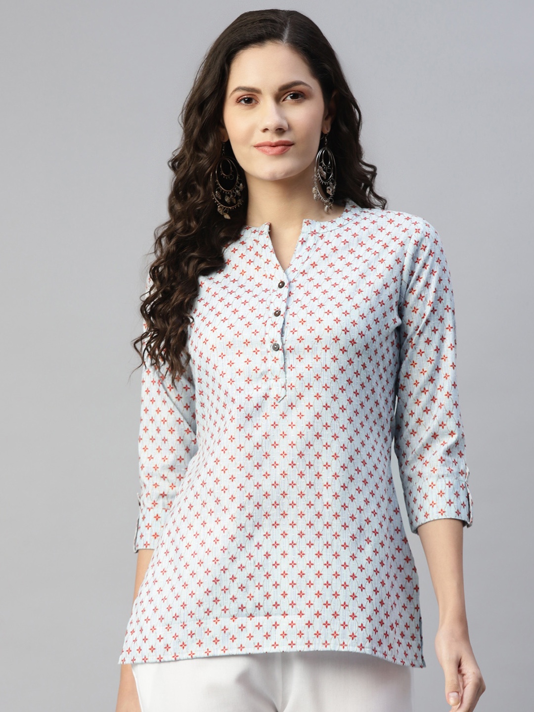 

MALHAAR Grey & Red Ethnic Motifs Printed Pure Cotton Kurti