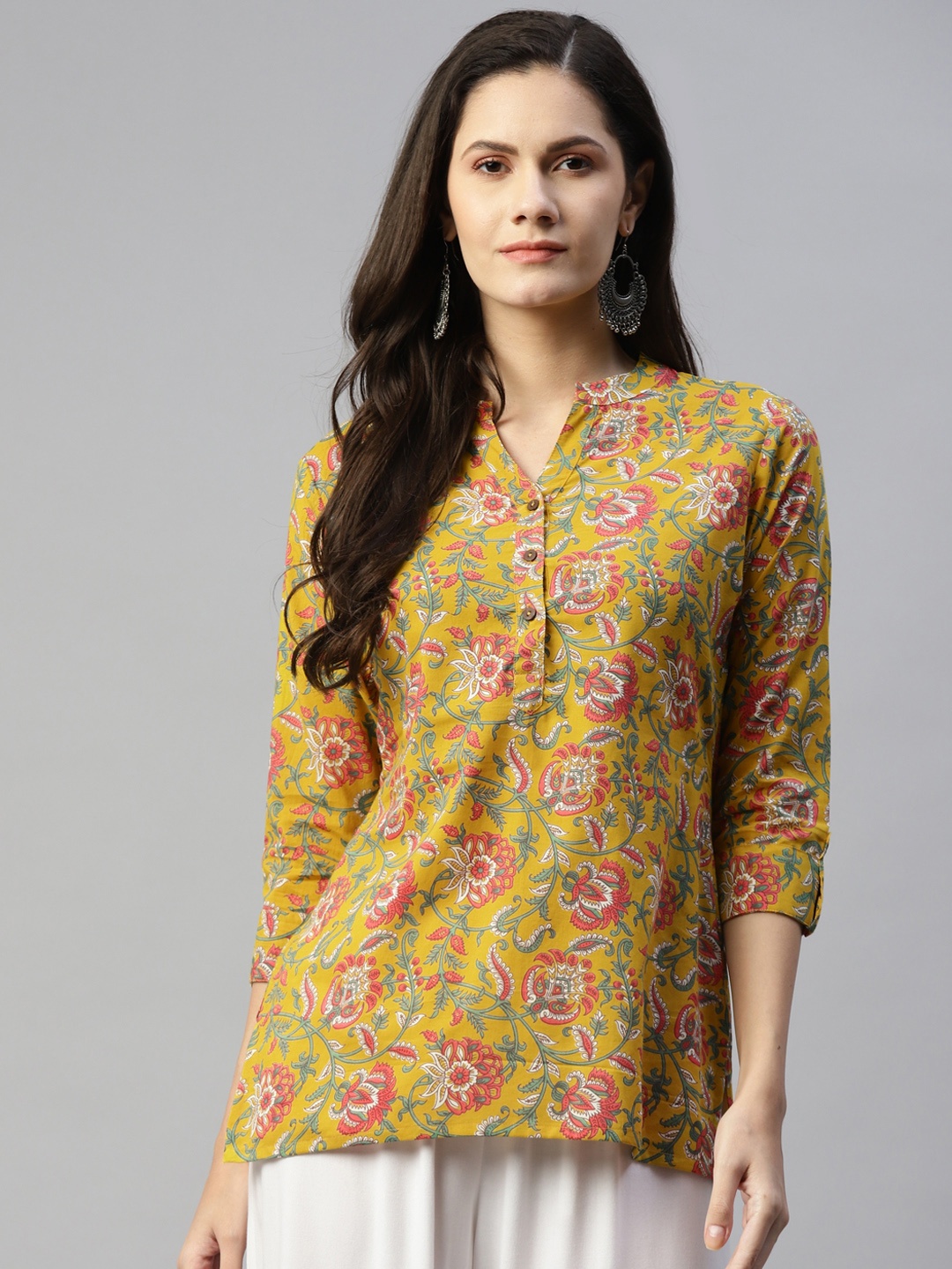 

MALHAAR Yellow & Red Floral Printed Pure Cotton Kurti