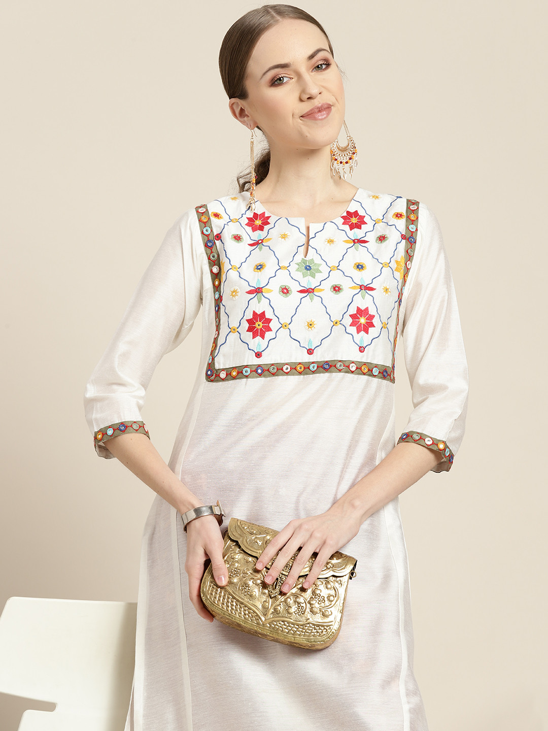 

Sangria Women Off White Floral Yoke Design Mirror Work Chanderi Silk Kurta with Trousers