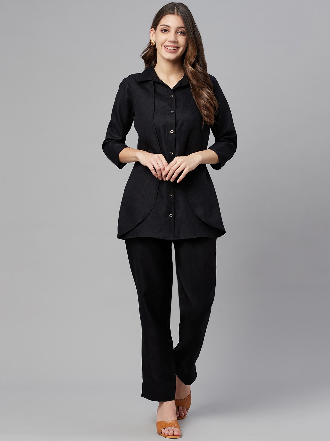 

Cottinfab Women Black Solid Shirt with Trousers