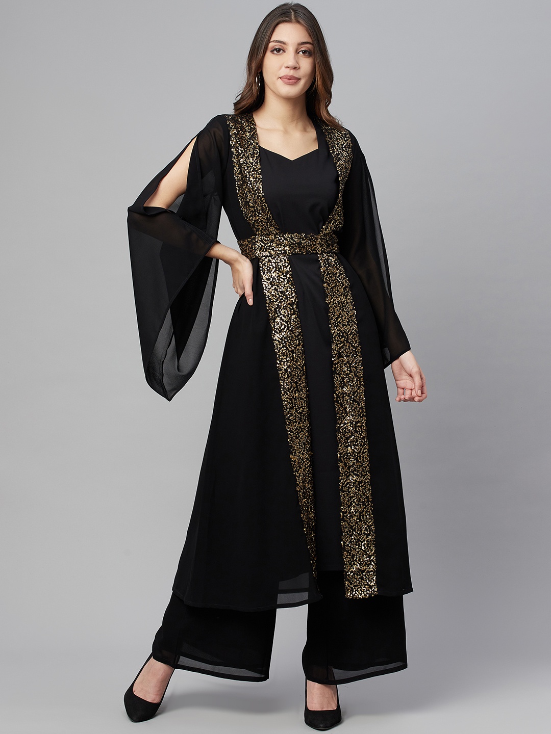 

Cottinfab Women Black Sequinned Kurta with Palazzos & Jacket