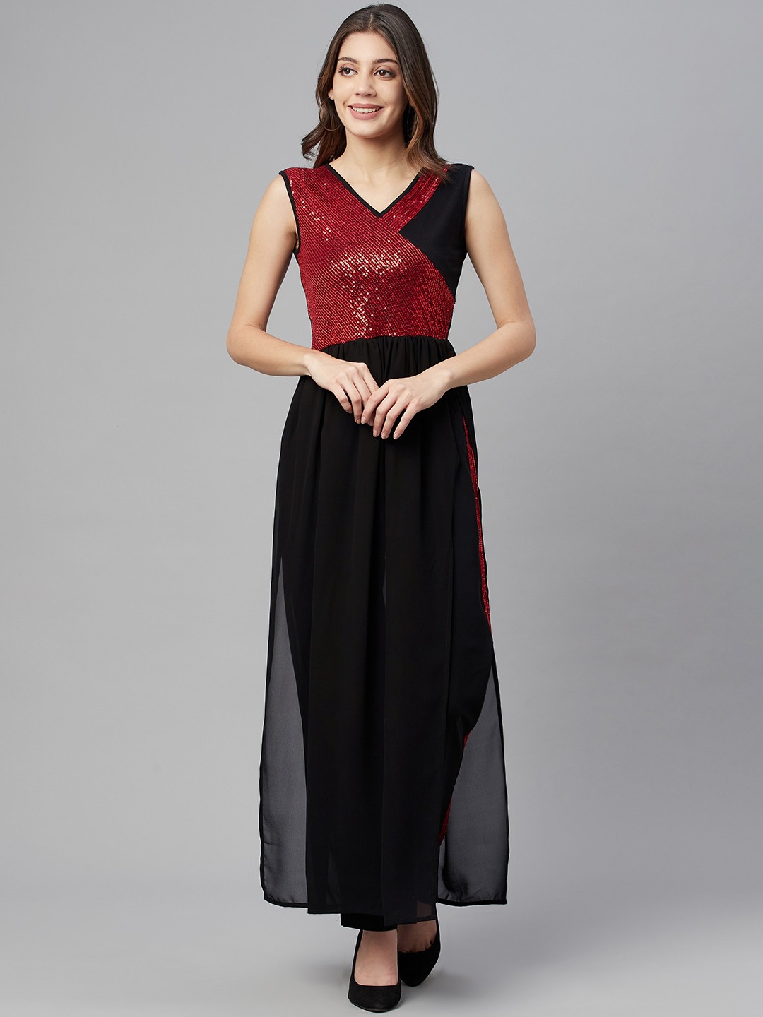 

Cottinfab Women Black & Red Yoke Design Sequinned Kurta with Trousers