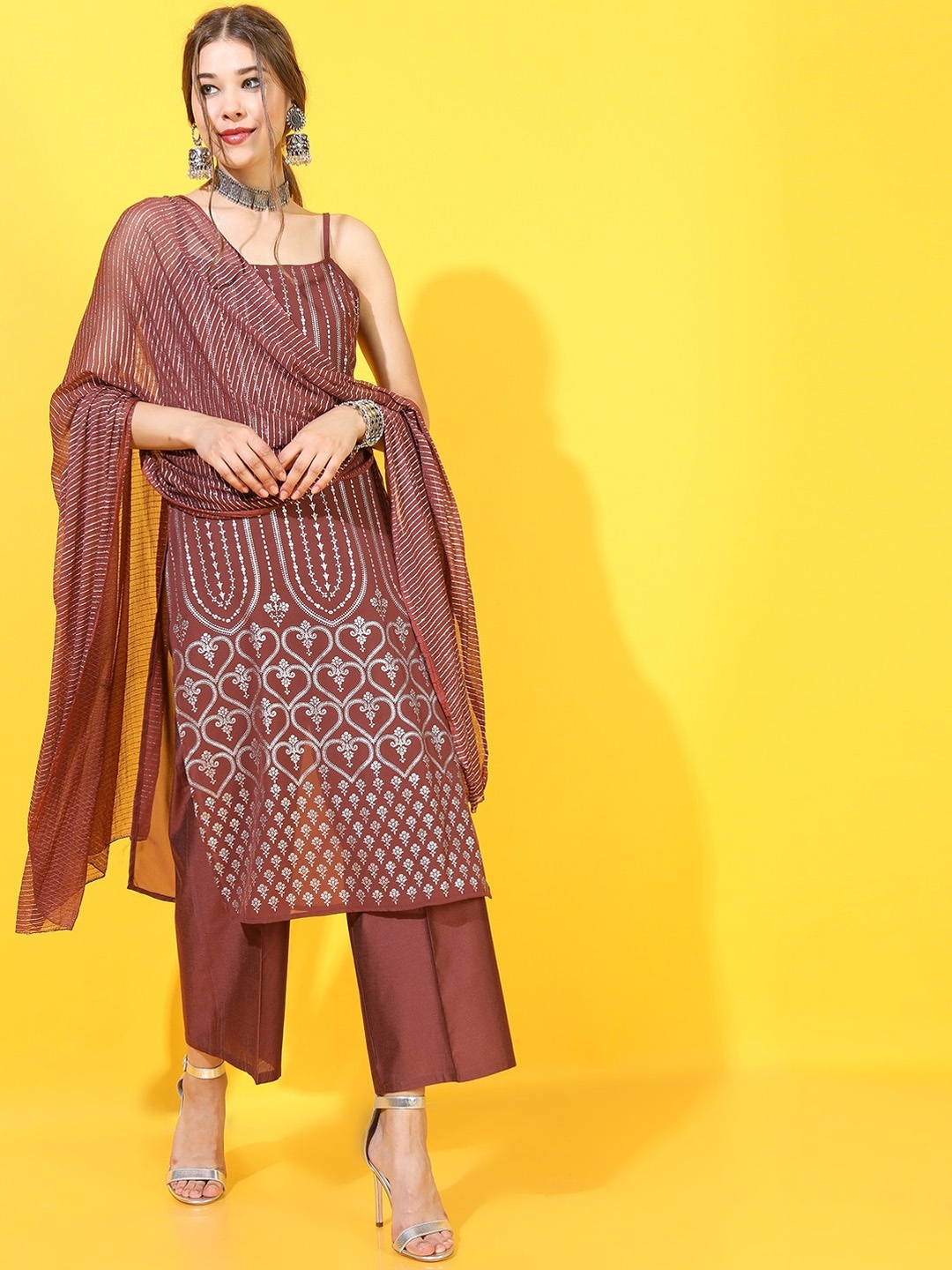 

Vishudh Women Maroon Printed Kurta with Palazzos & Dupatta