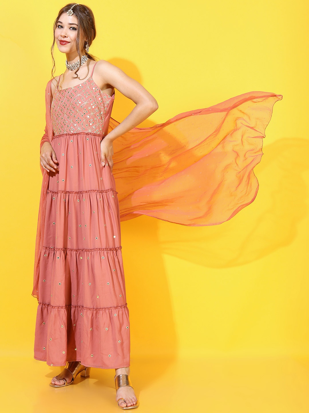 

Vishudh Women Embroidered Mirror Work Anarkali Kurta with Palazzo & Dupatta, Peach