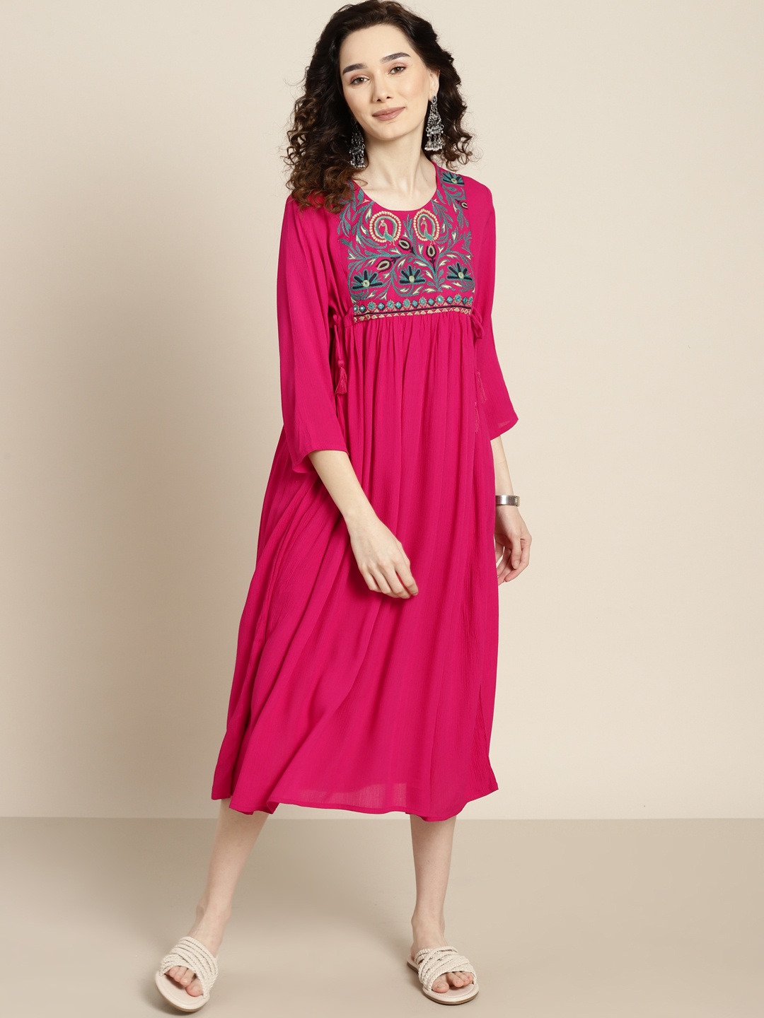 

Sangria Magenta Floral Embroidered Crepe A-Line Midi Dress