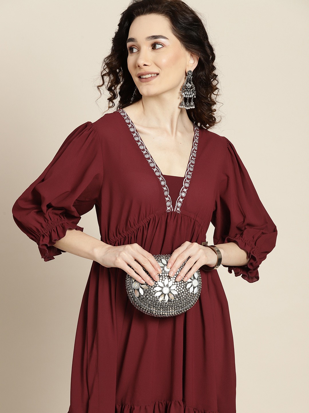 

Sangria Maroon Crepe A-Line Midi Dress