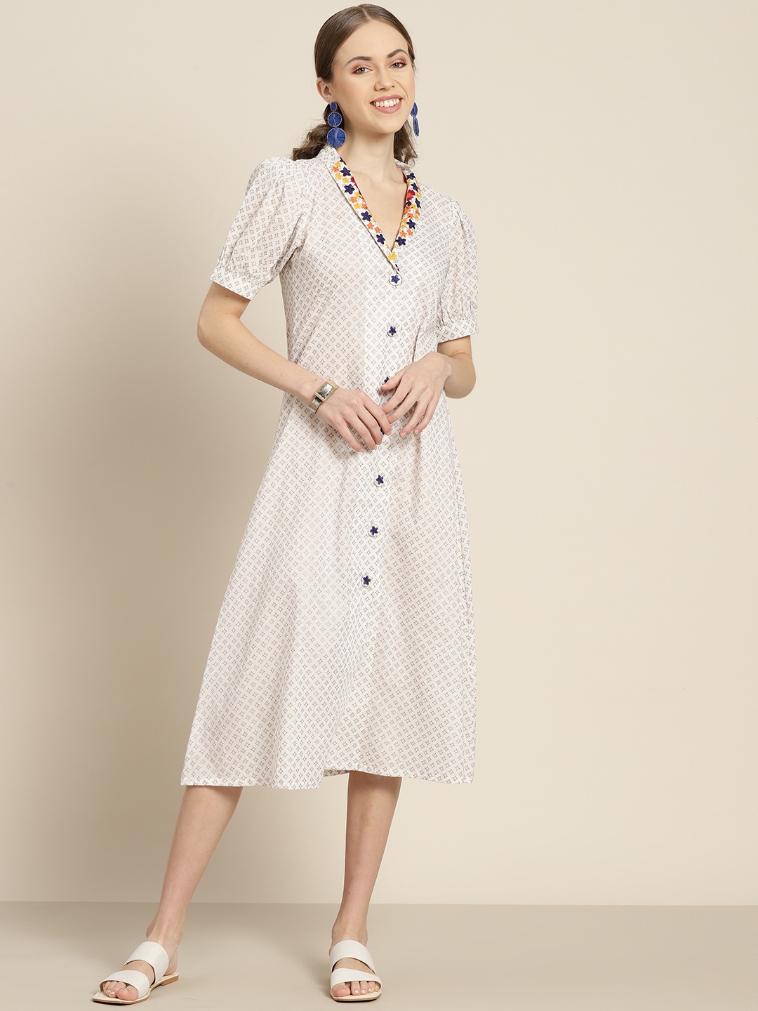 

Sangria Off White Ethnic Motifs A-Line Midi Dress