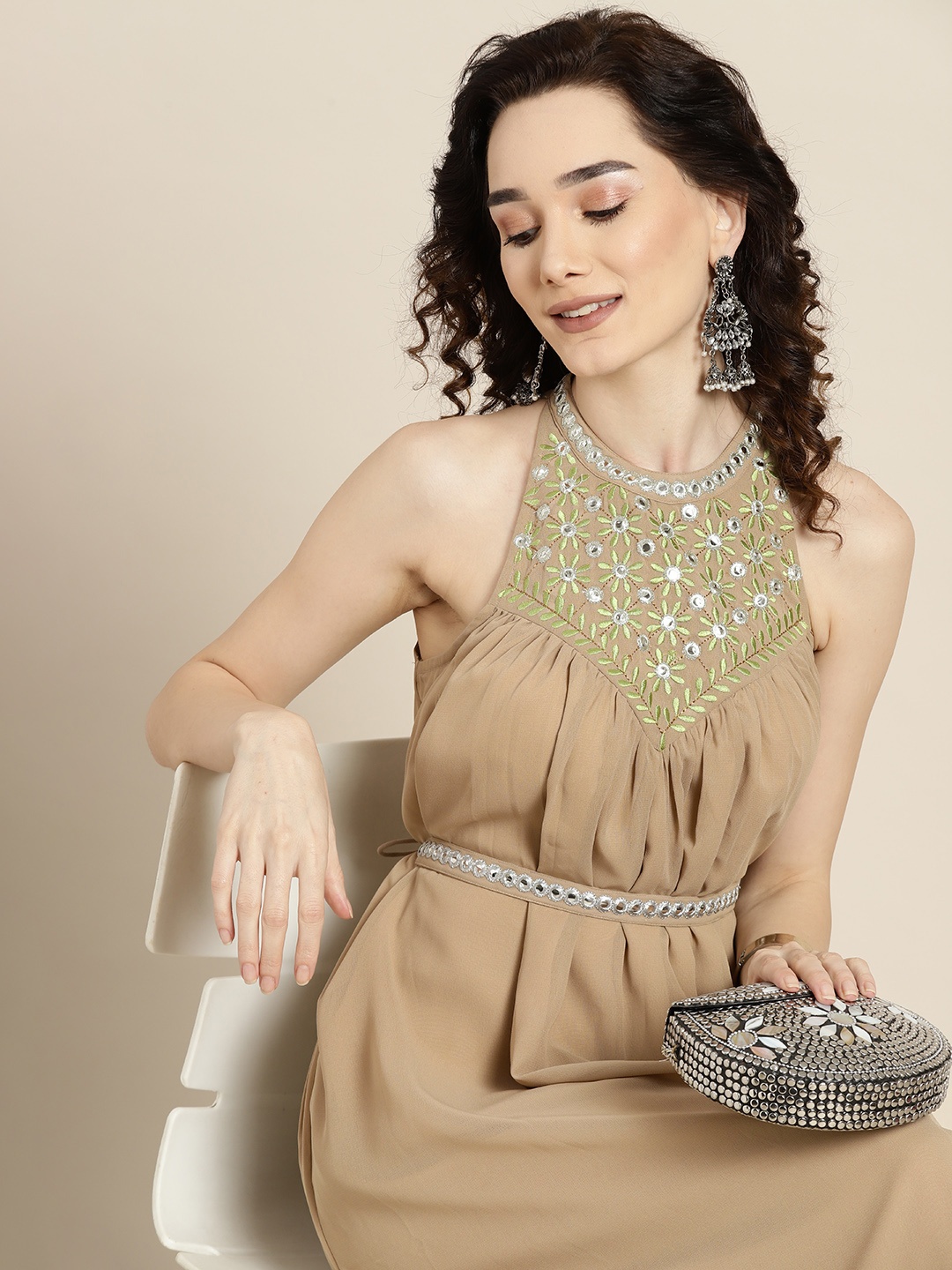 

Sangria Brown Floral Embroidered Georgette Ethnic Midi Dress
