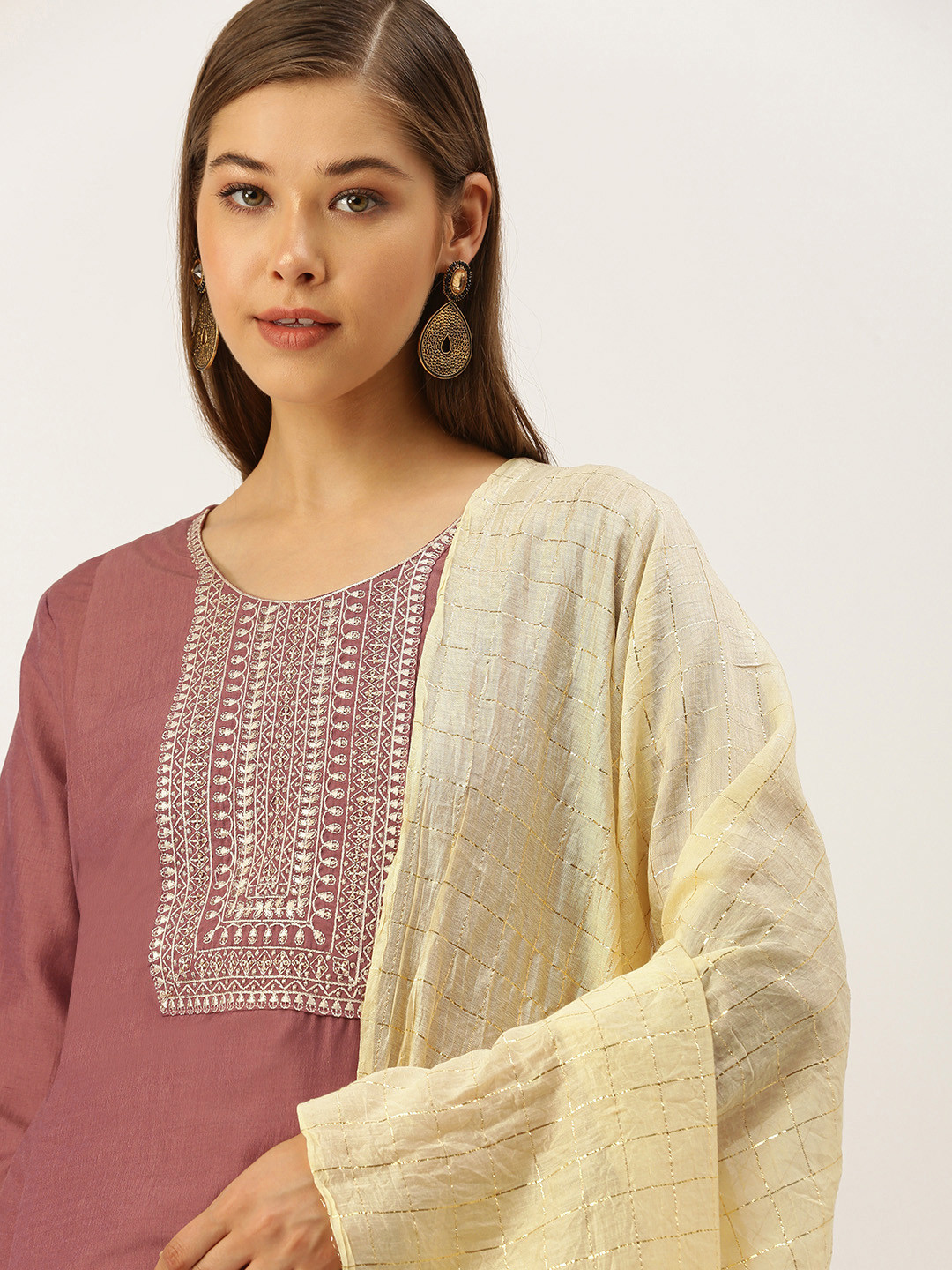 

SWAGG INDIA Women Pink & Golden Yoke Design Sequinned Cotton Kurta with Trousers & Dupatta