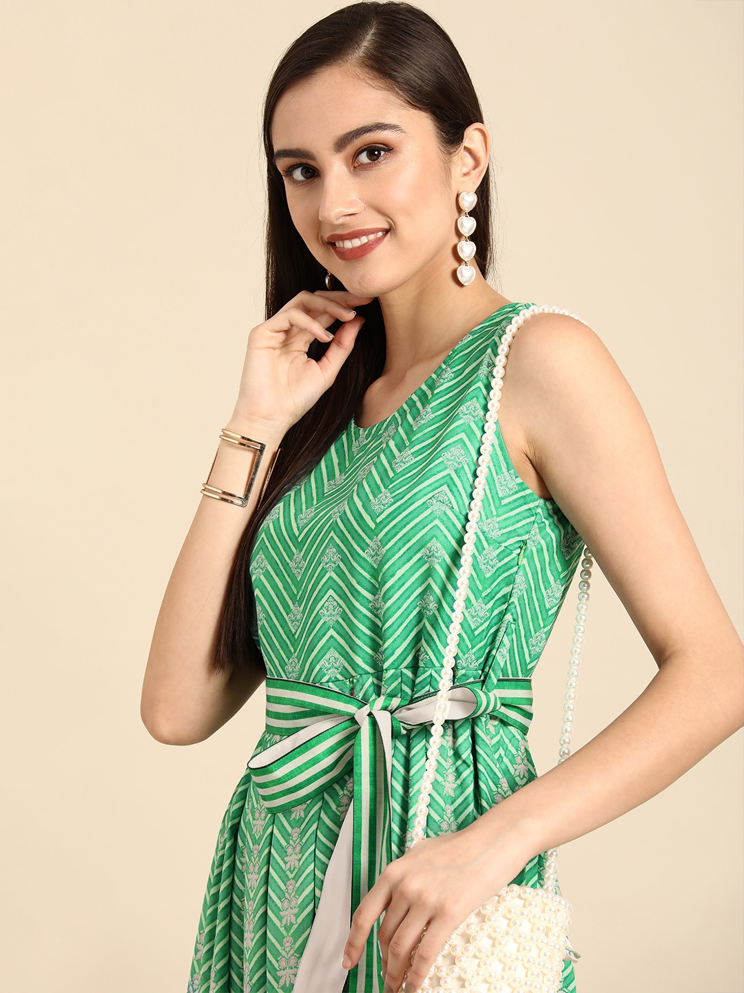 

Anouk Green & White Chevron Crepe A-Line Midi Dress With Belt