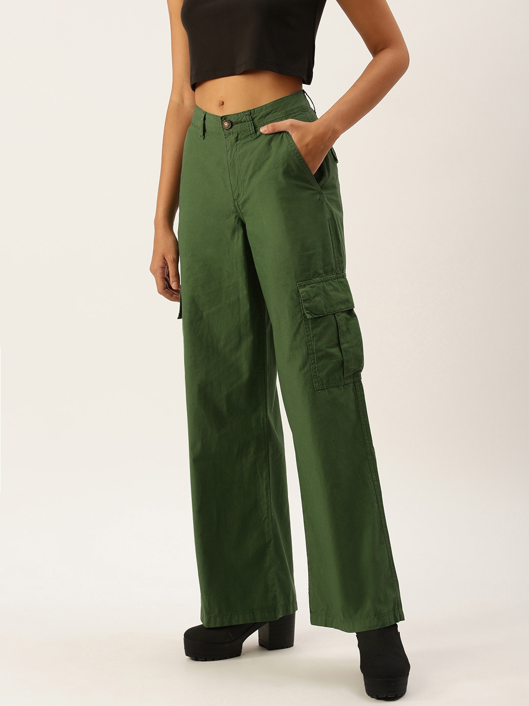 

FOREVER 21 Women Green Solid Trousers