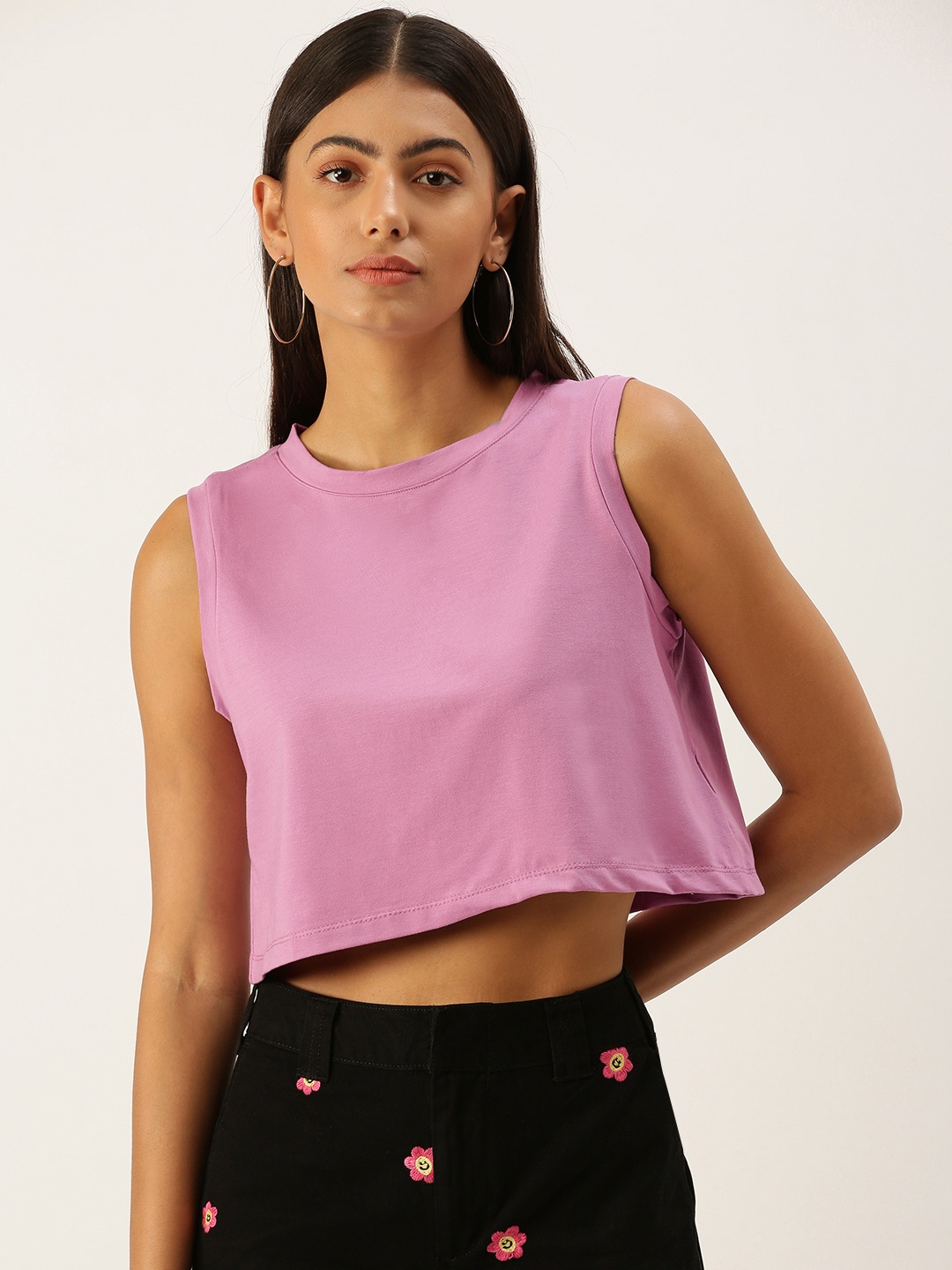 

FOREVER 21 Women Lavender Solid Boxy Crop Top