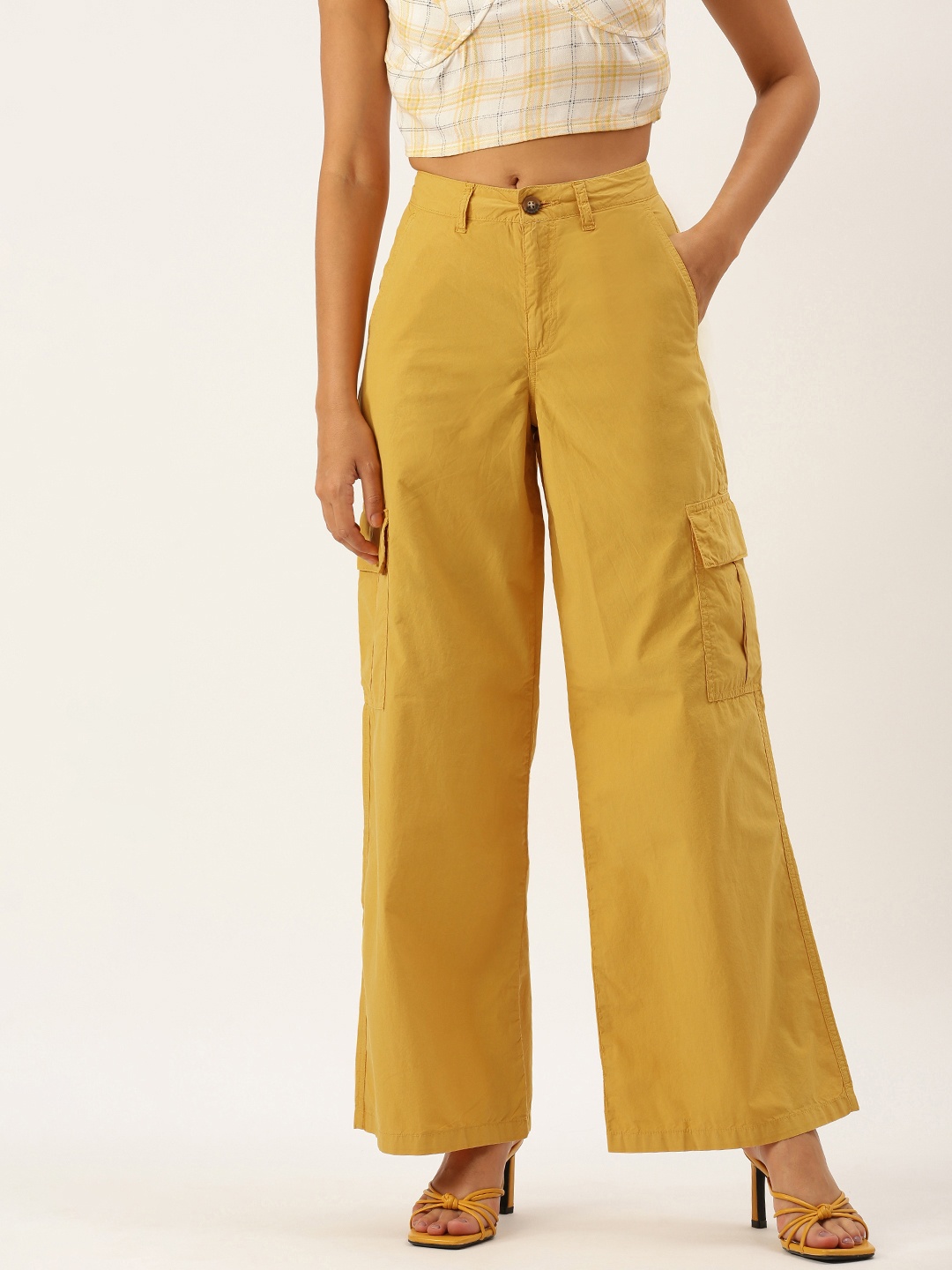 

FOREVER 21 Women Gold-Toned Solid Pure Cotton Cargos Trousers