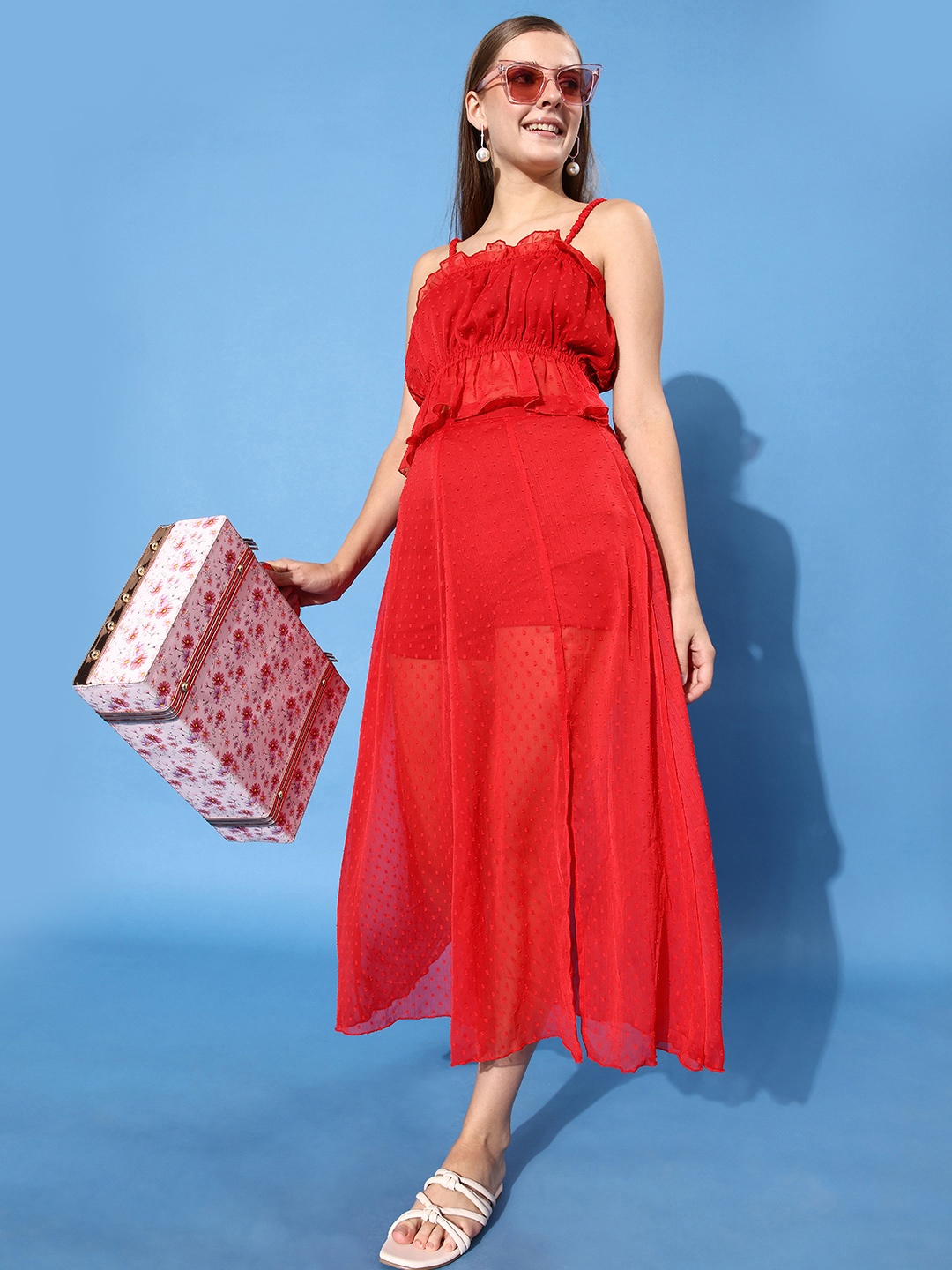 

ANVI Be Yourself Women Red Self Design Dobby Weave Top with Skirt