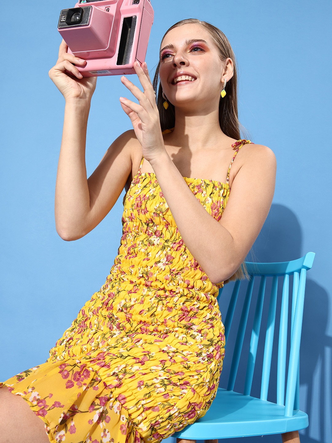 

ANVI Be Yourself Women Yellow & Pink Floral Printed Smocked Georgette Bodycon Dress