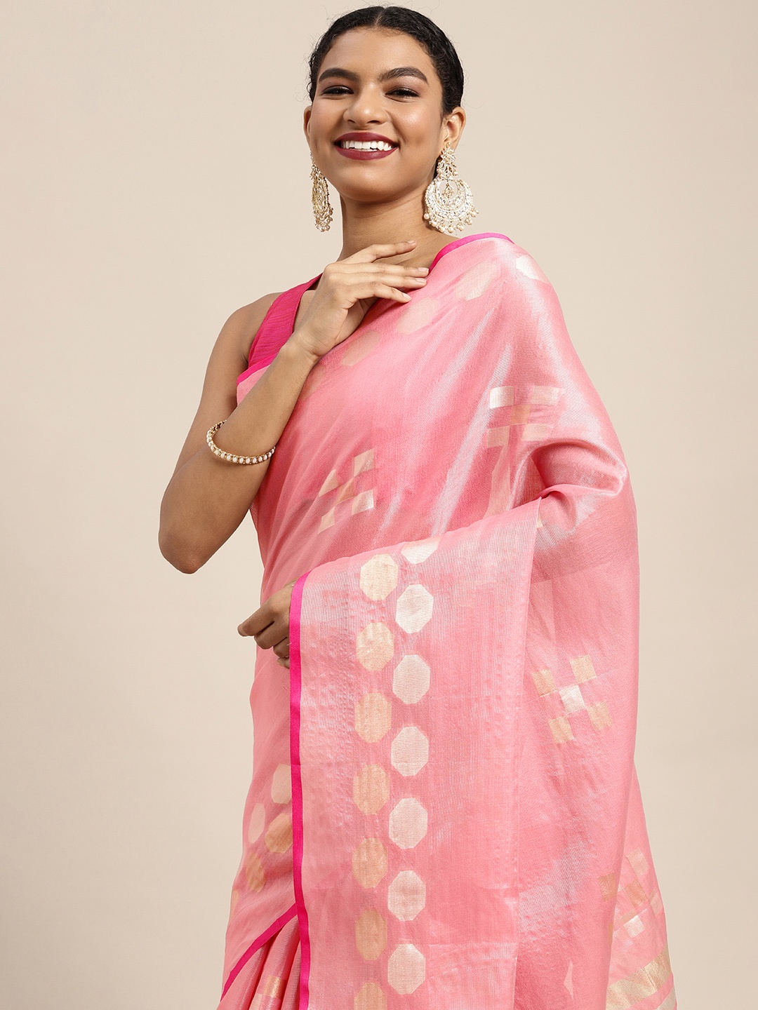 

Leeza Store Pink Woven Design Banarasi Saree