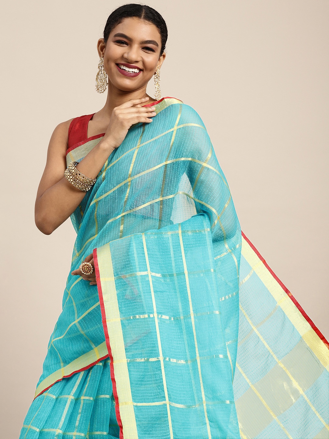 

Leeza Store Blue & Gold-Toned Woven Design Kota Saree