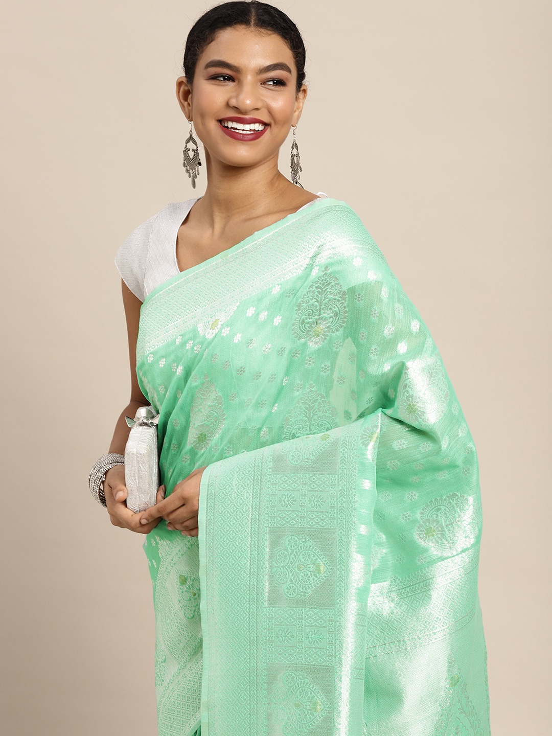 

Leeza Store Sea Green & Silver-Coloured Ethnic Motifs Zari Organza Banarasi Saree