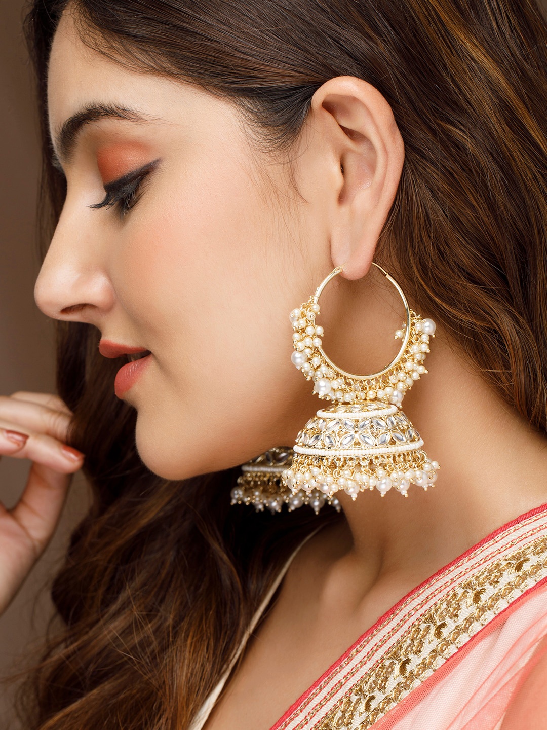

Rubans Gold-Toned & White Dome Shaped Jhumkas Earrings