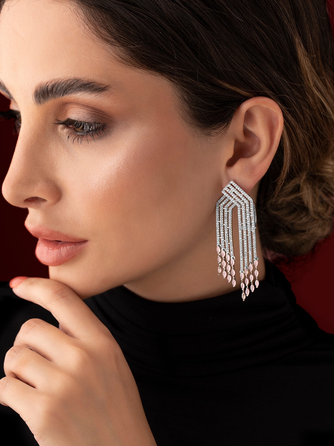 

Rubans Silver Plated American Diamond & Pink Crescent Shaped Drop Earrings