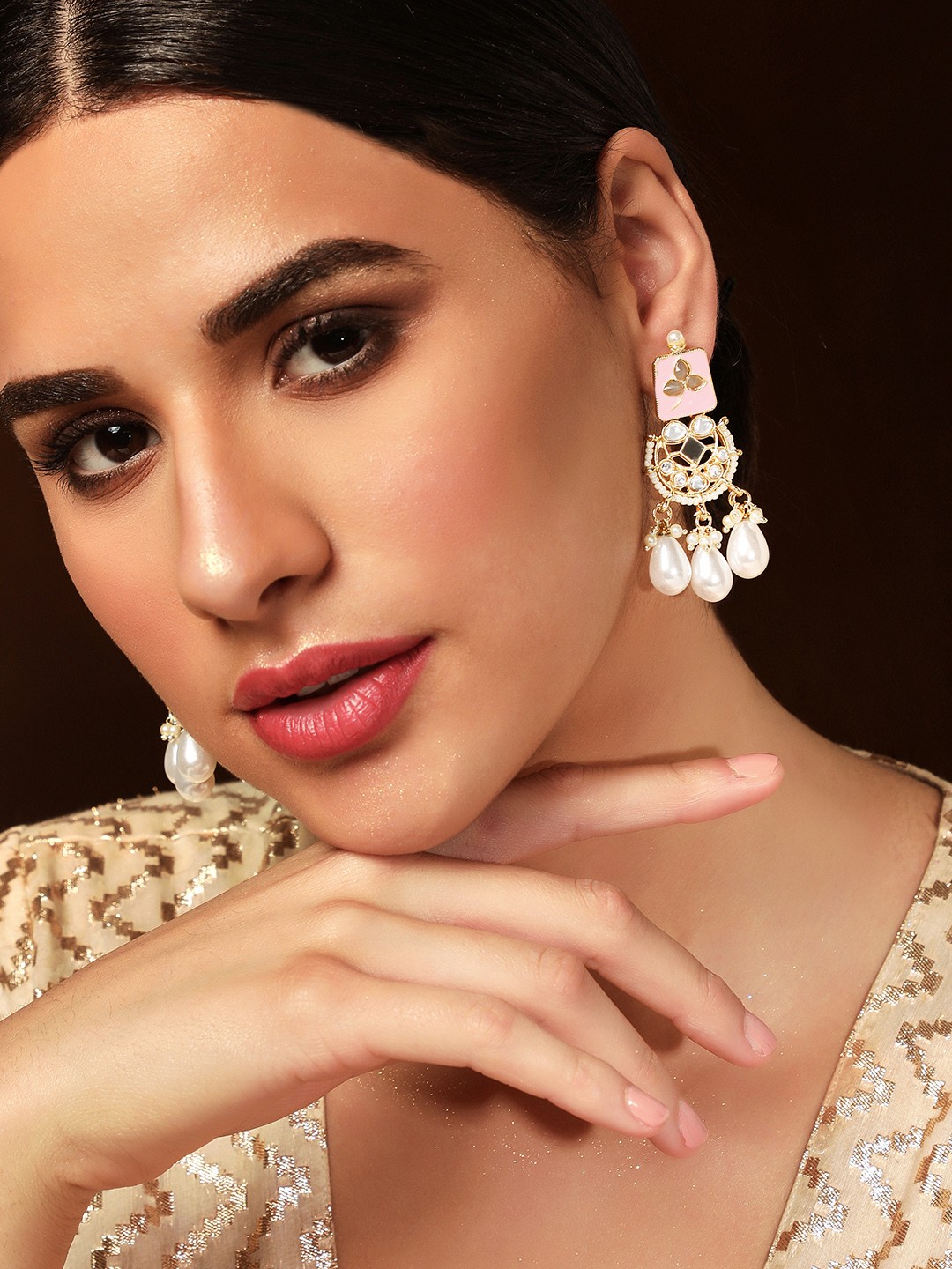 

Rubans Gold-Plated & Pink Enamelled Crescent Shaped Drop Earrings