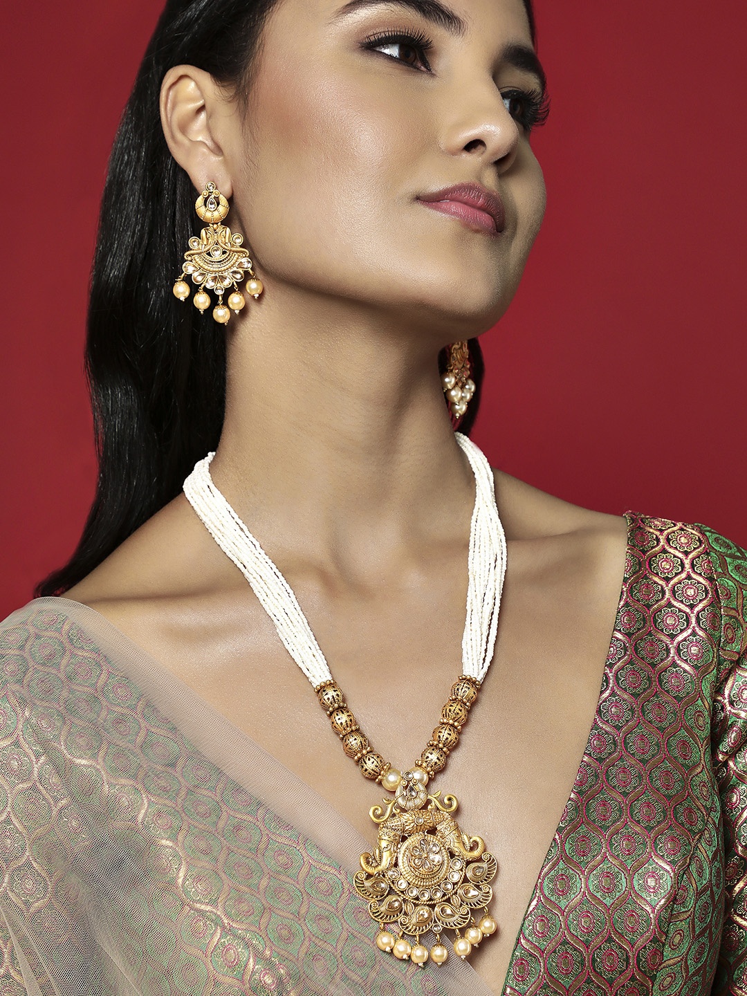 

Rubans 24K Gold Plated & White Beaded Elephant Motif Jewellery Set