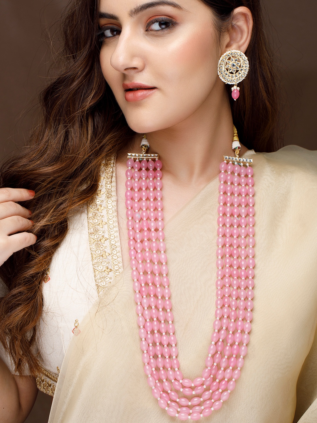 

Rubans Gold-Plated Kundan-Studded & Pink Pearl Beaded Multilayerd Jewellery Set