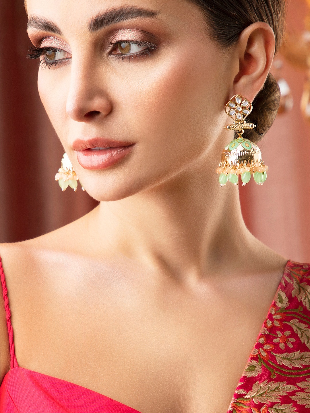 

Rubans Gold-Toned & Green Dome Shaped Jhumkas Earrings