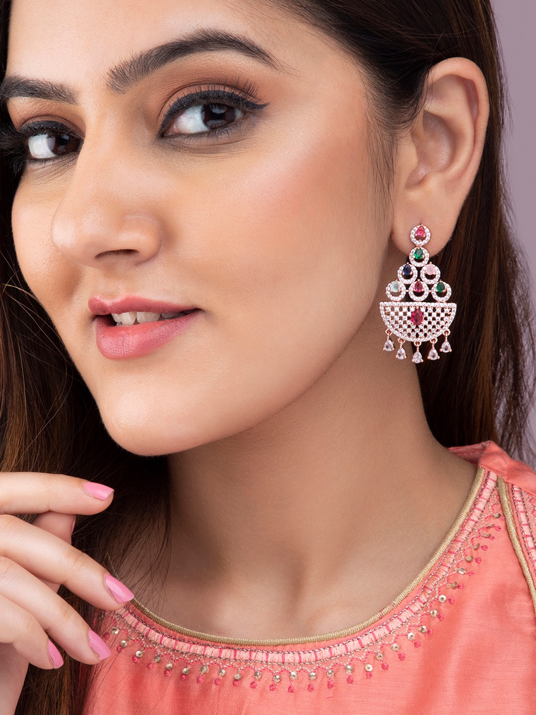 

Rubans Rose Gold Plated Pink & White AD Studded Crescent Shaped Drop Earrings