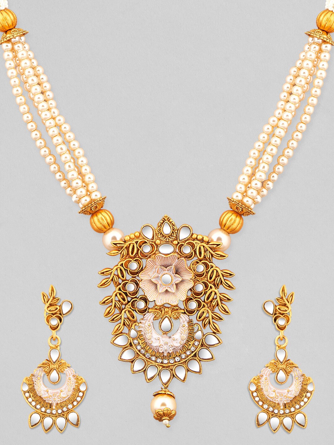 

Rubans Women 24k Gold-Plated White & Pink Stone Studded & Beaded Handcarfted Jewellery Set