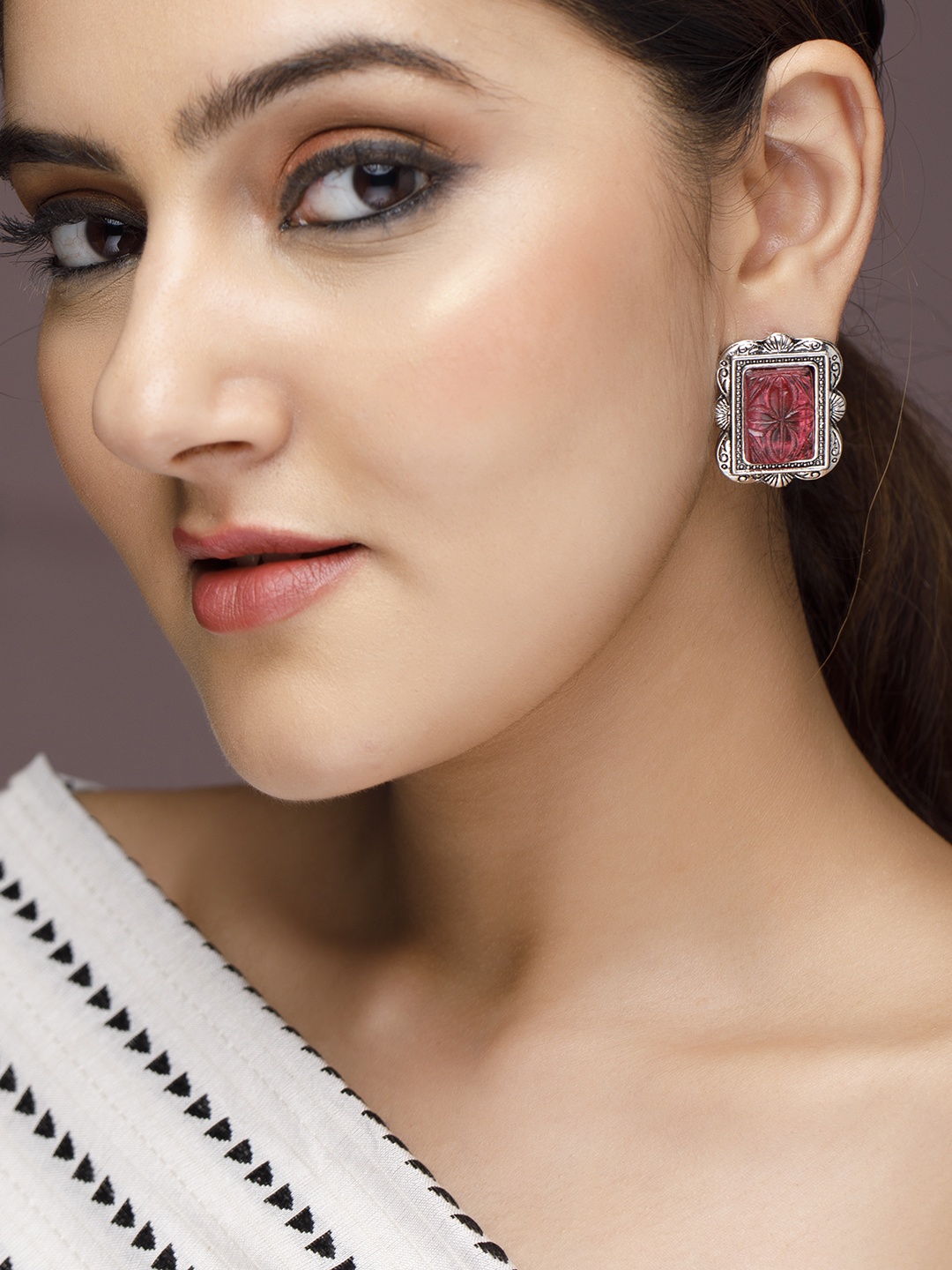 

Rubans Silver-Plated & Pink Crescent Shaped Oxidised Studs Earrings
