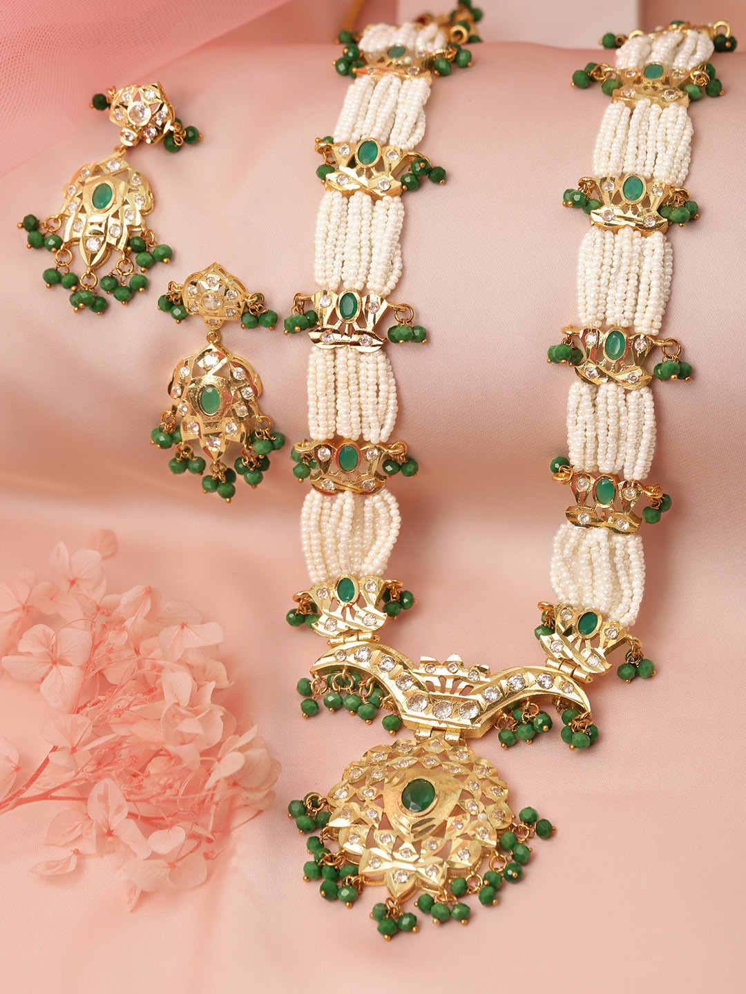 

Rubans Women 22K Gold-Plated Green & White Beaded Jewellery Set