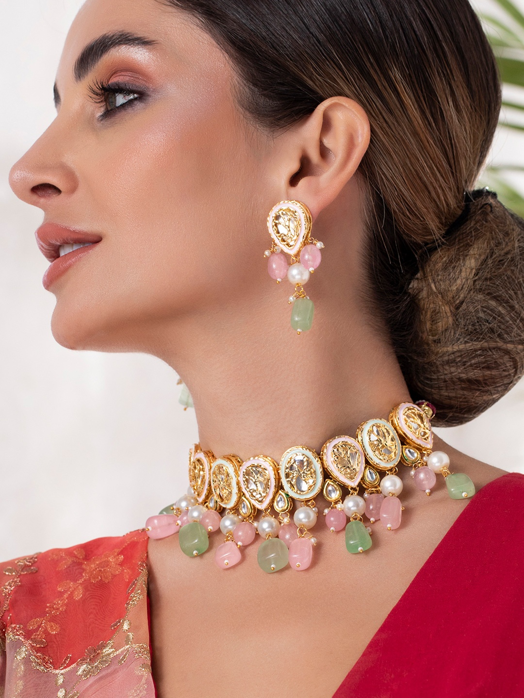 

Rubans Women 22K Gold-Plated Pink & Green Stone Studded & Beaded Handcrafted Jewellery Set