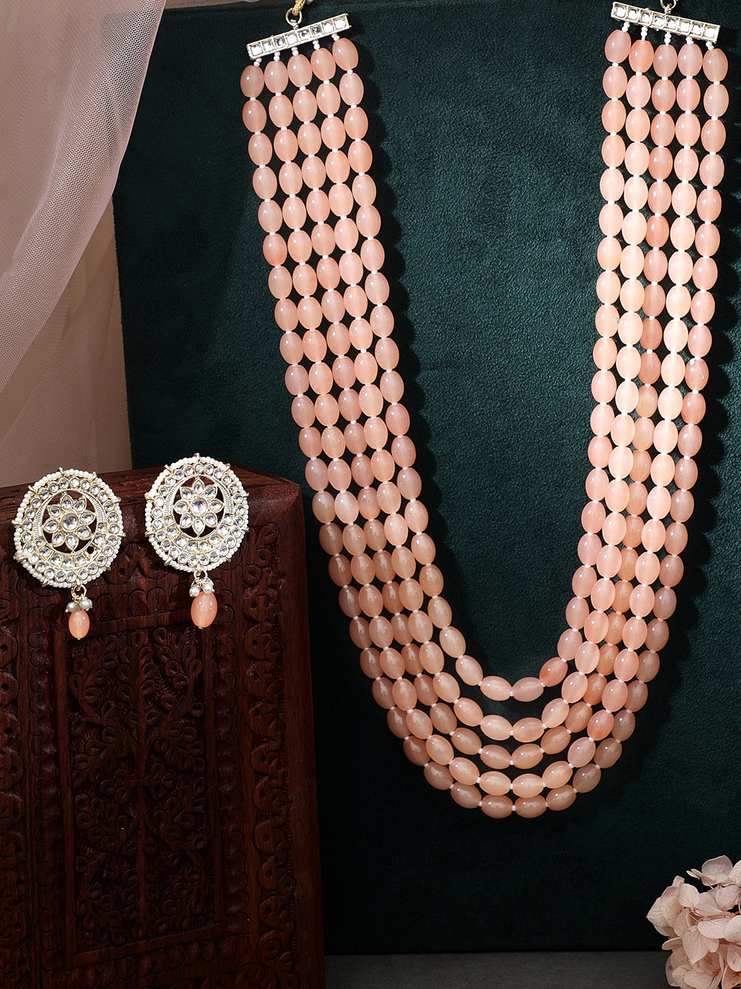 

Rubans Women Gold-Plated White & Peach-Colored Beaded Jewellery Set