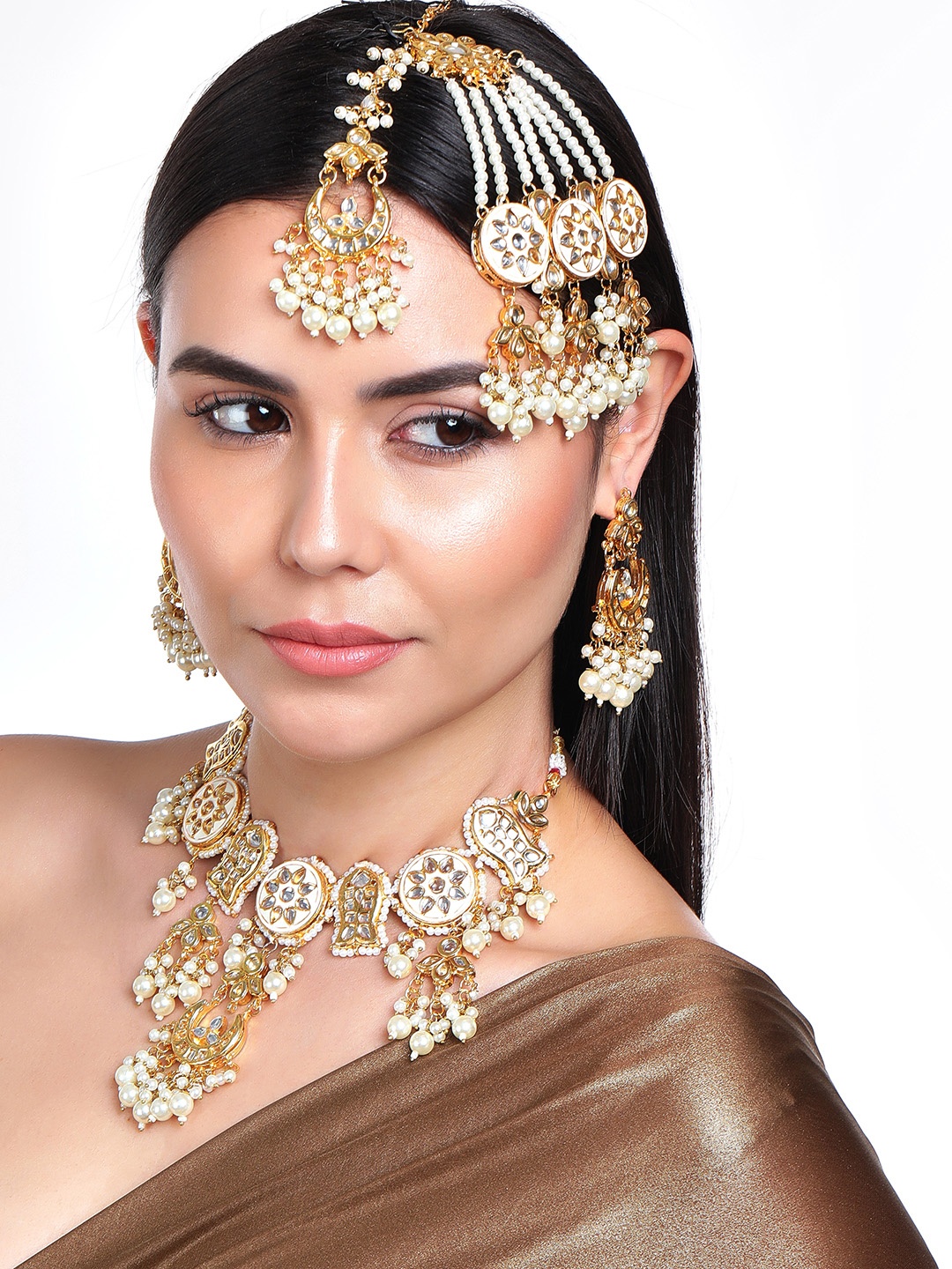 

Rubans 22k Gold-Plated Cream Colored & White Kundan Studded & Beaded Handcrafted Jewellery Set