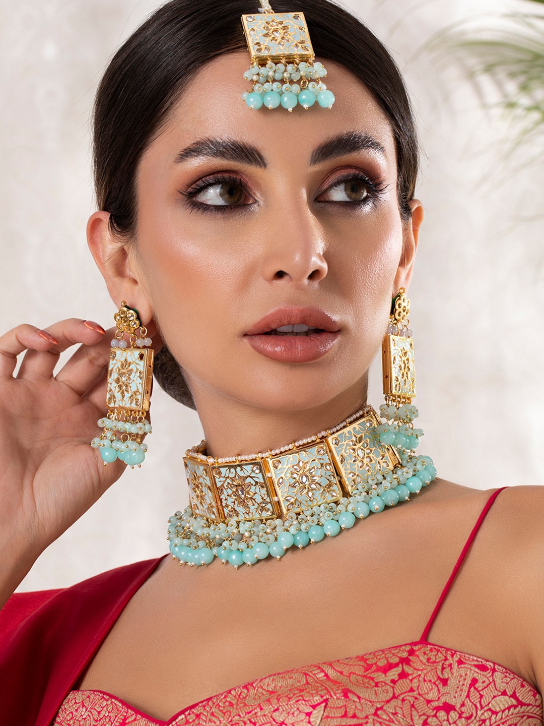 

Rubans Gold-Plated Sky-Blue & White Beaded Jewellery Set With Maang Tika